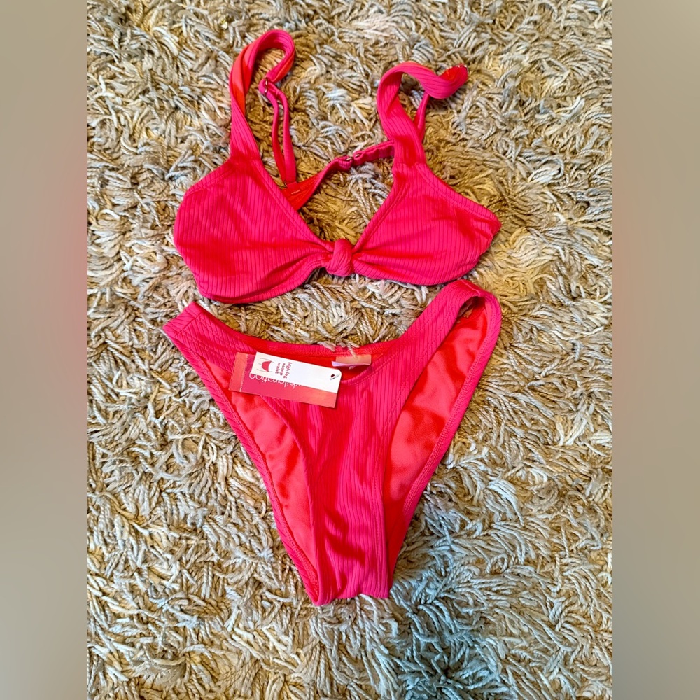Xhilaration Hot Pink Ribbed Bikini Set XS Bottom NWT Unworn